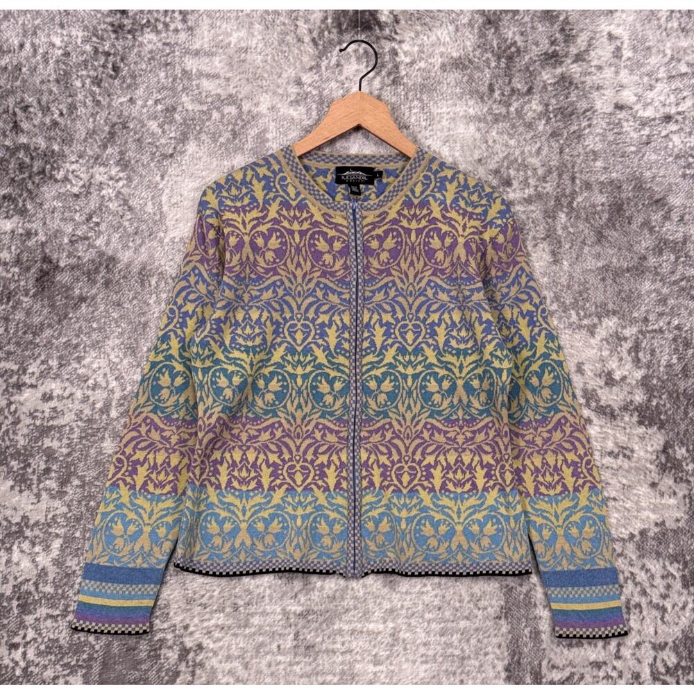 Icelandic Design Cardigan Sweater Large Womens Full Zip Nordic Damask Gradient